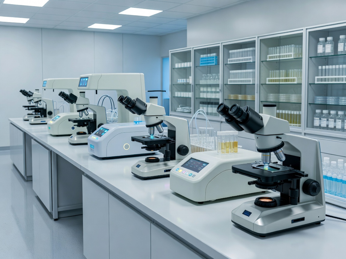 Advanced scientific research laboratory featuring modern microscopes and clinical diagnostic equipment