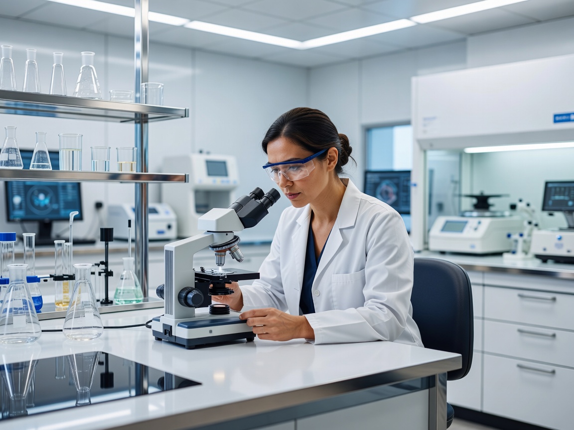 Modern female scientist working in a clean, bright laboratory environment